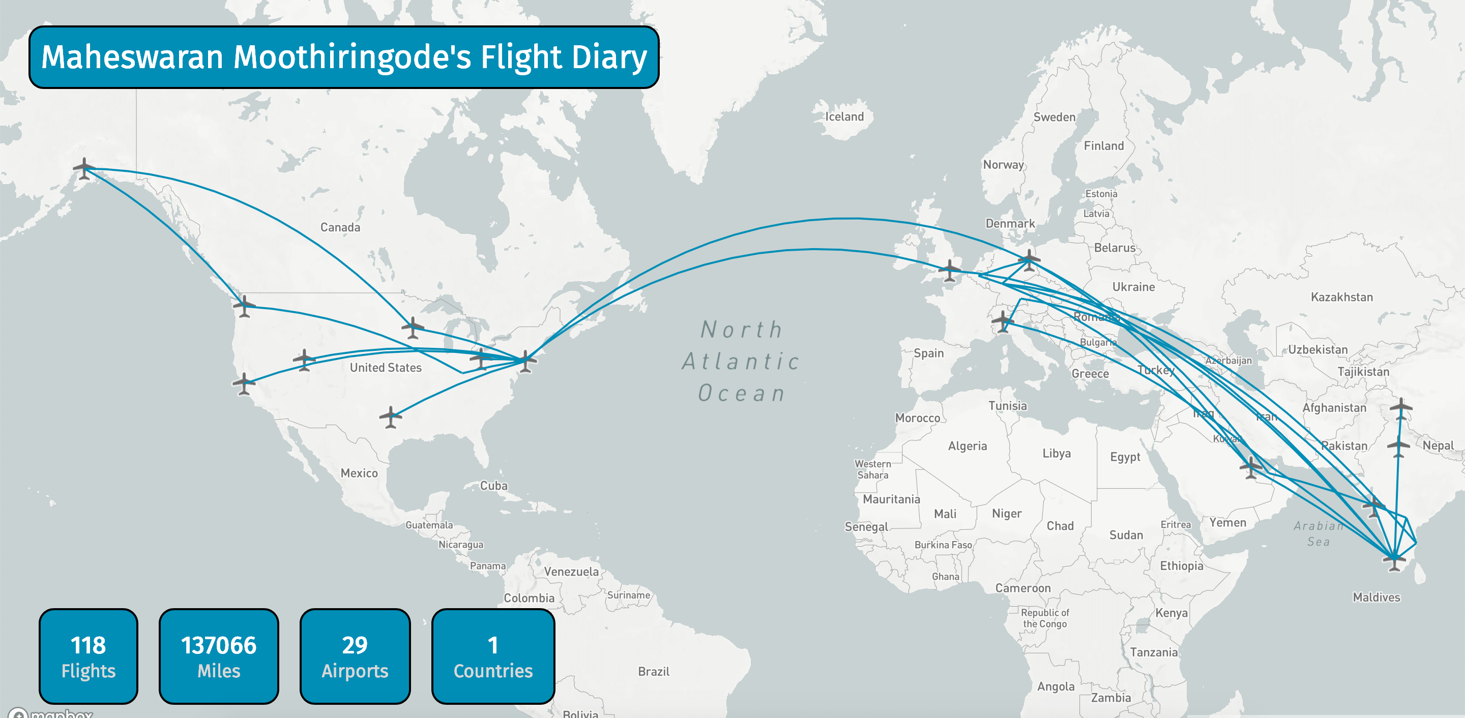 image of all flights i took over a world map